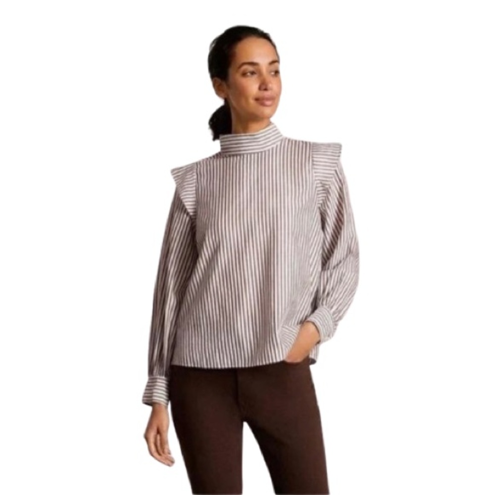 Everlane Brown White Stripe Cotton Popover Blouse Size 4 Ruffle Shoulder Preppy